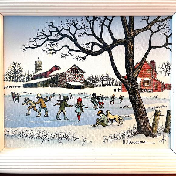 H. Hargrove The Ice Skating Pond Country Scene Framed Oil Painting Canvas Signed - Picture 6 of 15